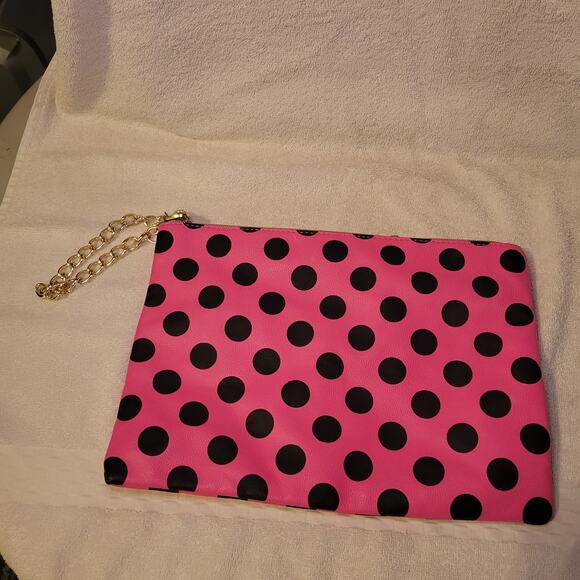 Betsey Johnson Pink Black Polka Dot Clutch Bag Faux Leather Gold Tone Wristlet - Picture 3 of 7